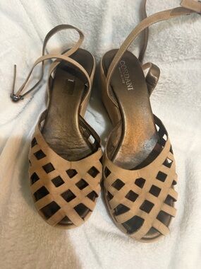 Cordani Woven Tan Open-Toe Ankle-Strap Wedges